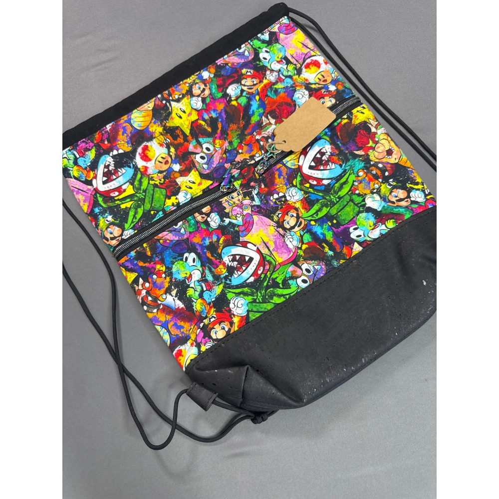 Handmade Super Mario Bros Graffiti Drawstring Backpack Black Cork Bottom 16x13